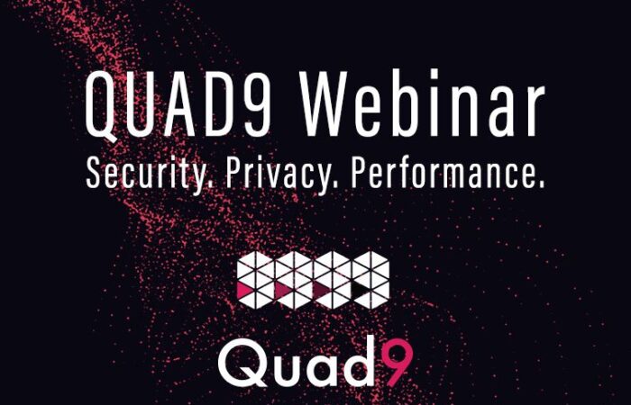 Tech background with Quad9 icon, webinar representing security, privacy, and performance