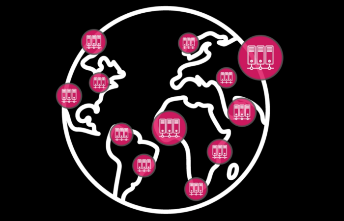 Earth icon with databases located in different parts of the world