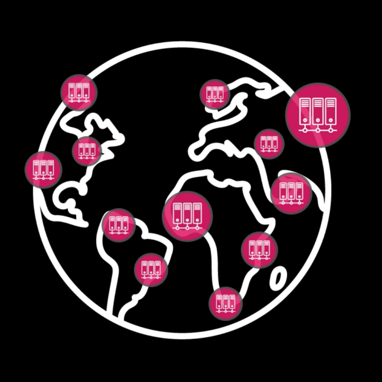 Earth icon with databases located in different parts of the world