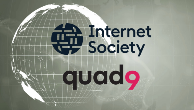 greyish background with a grided globe featuring Internet Society and Quad9 logos