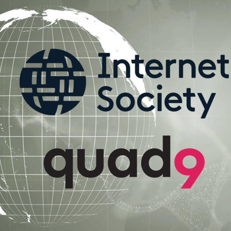 greyish background with a grided globe featuring Internet Society and Quad9 logos