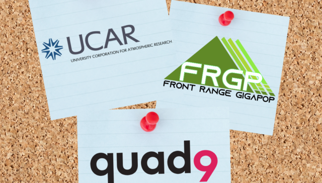 notes pinned to a board featuring UCAR and FRGP partnership with quad9