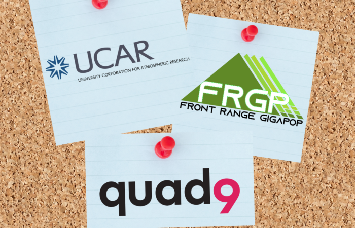 notes pinned to a board featuring UCAR and FRGP partnership with quad9