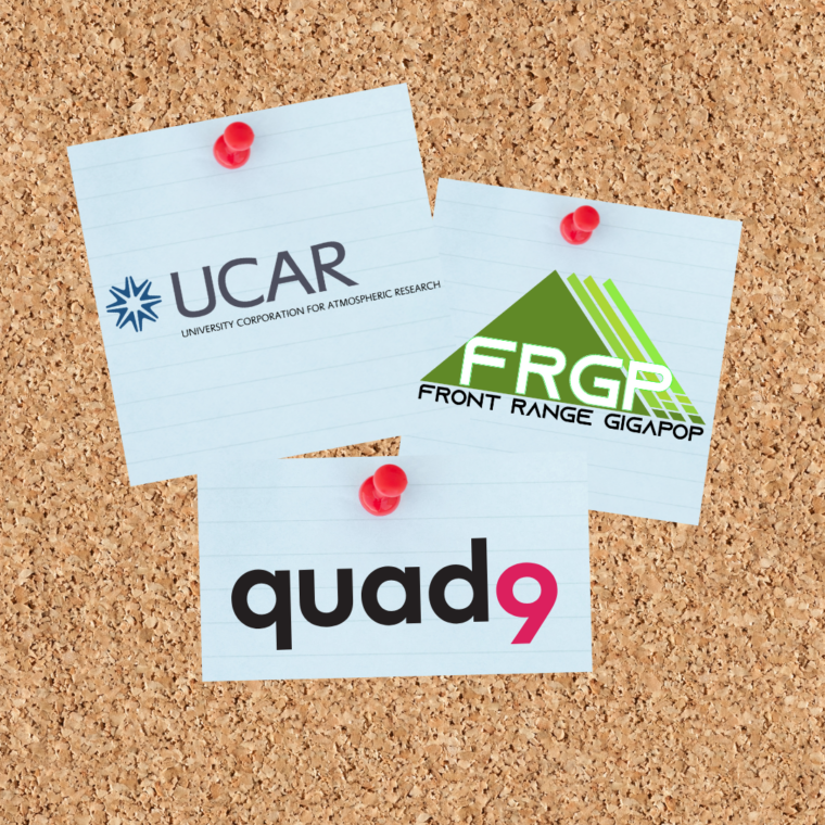 notes pinned to a board featuring UCAR and FRGP partnership with quad9