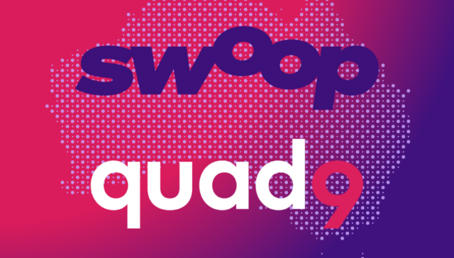 red to purple shaded background of Swoop and Quad9 Logo