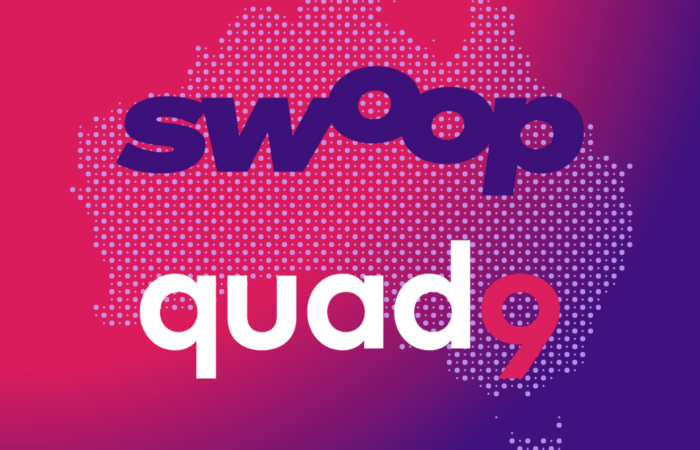 red to purple shaded background of Swoop and Quad9 Logo