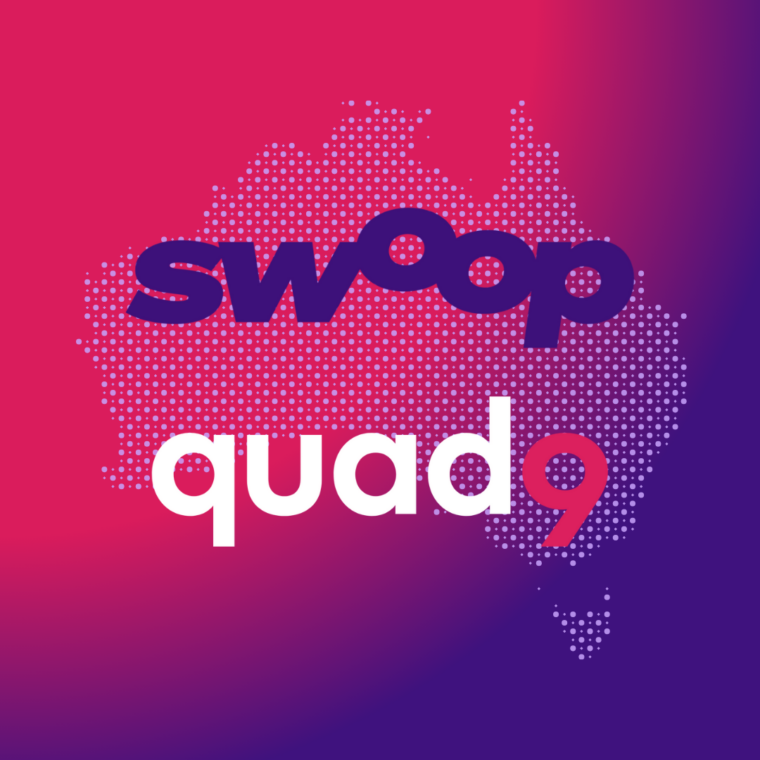 red to purple shaded background of Swoop and Quad9 Logo