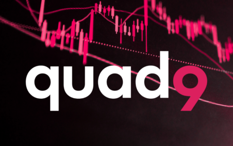 black and pink shaded background with stock market lines and quad9 logo
