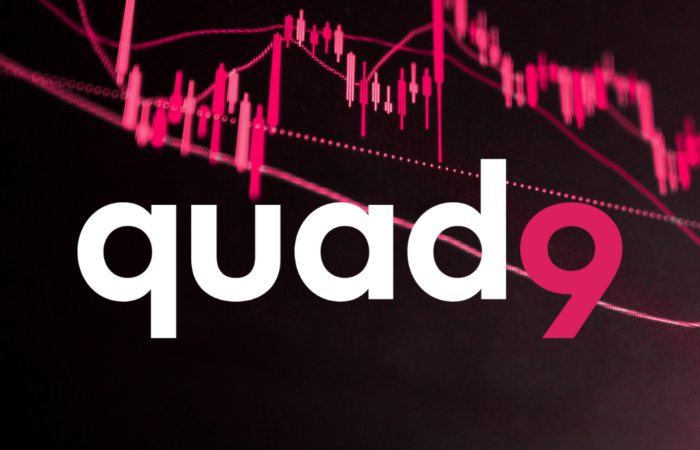 black and pink shaded background with stock market lines and quad9 logo