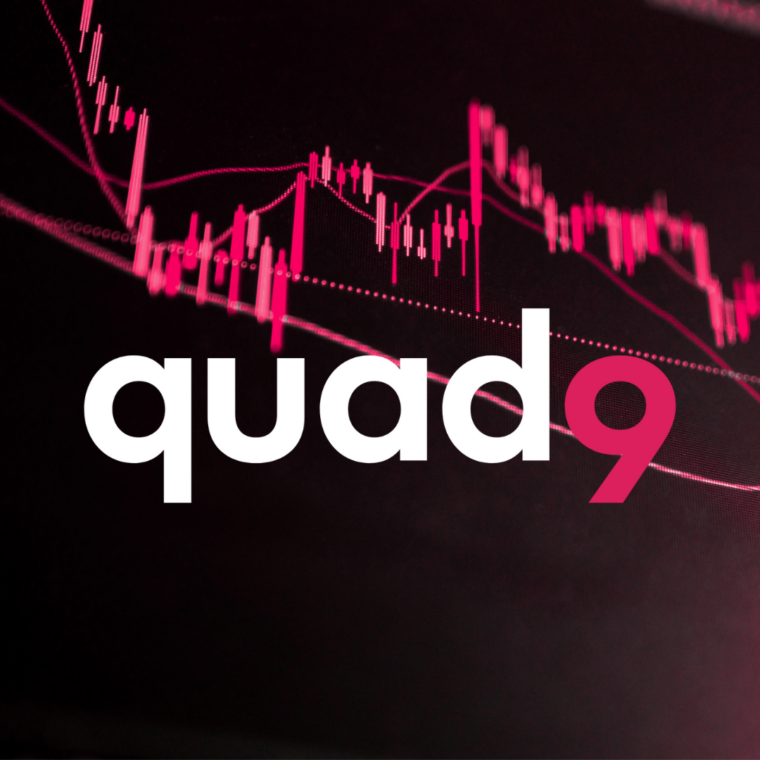 black and pink shaded background with stock market lines and quad9 logo