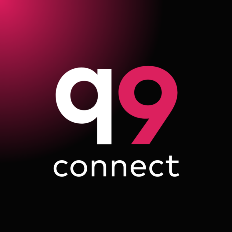 q9 logo and says connect below it pink coming from the left shading to black on the right