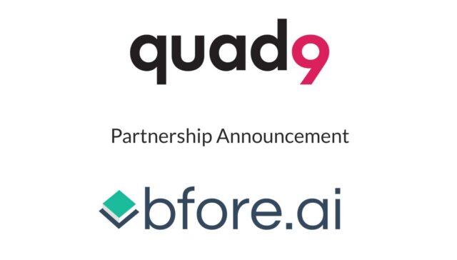 white background partnership announcement quad9 logo & bfore.ai logo