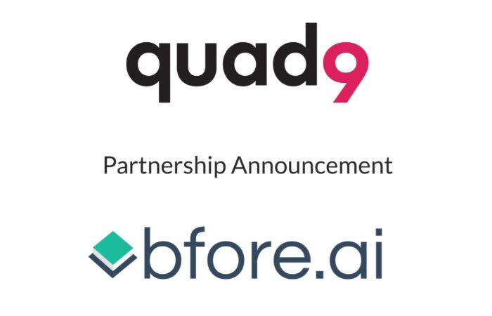 white background partnership announcement quad9 logo & bfore.ai logo