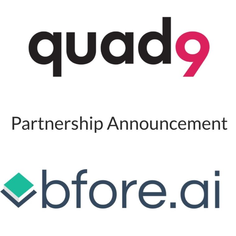 white background partnership announcement quad9 logo & bfore.ai logo