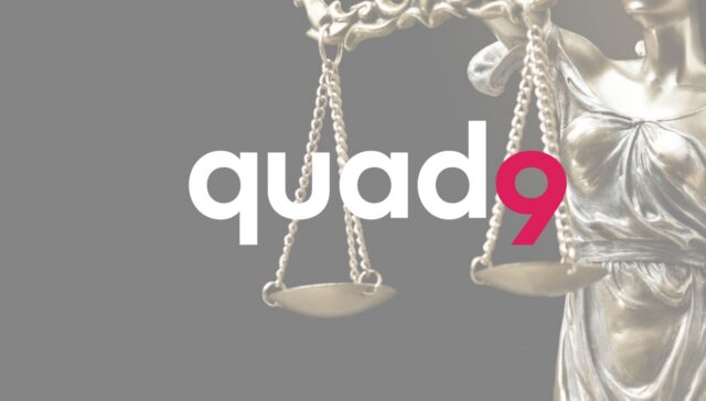 statue of lady justice on right with quad9 logo