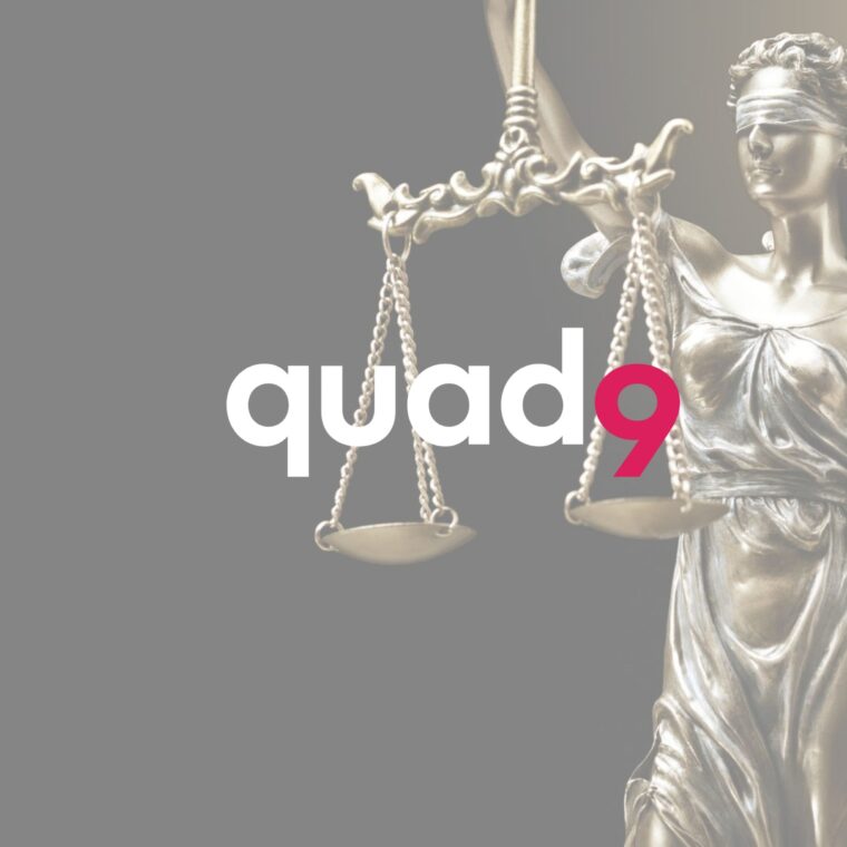 statue of lady justice on right with quad9 logo