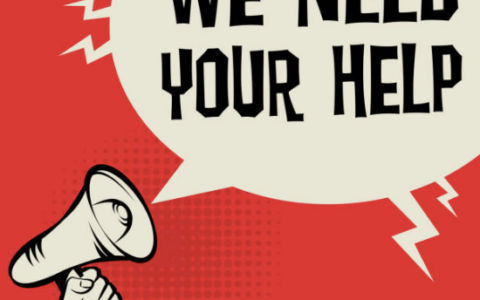 cartoon look with bright red background, a person holding a microphone in bottom left corner announcing We Need Your Help