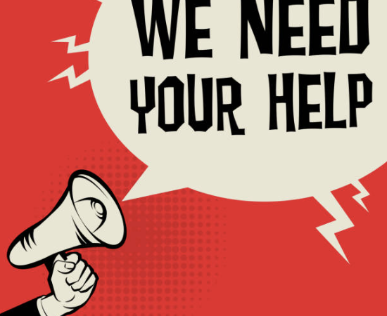 cartoon look with bright red background, a person holding a microphone in bottom left corner announcing We Need Your Help