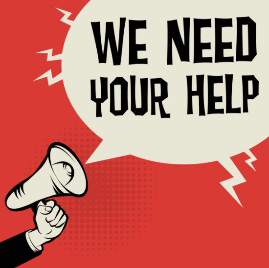 cartoon look with bright red background, a person holding a microphone in bottom left corner announcing We Need Your Help