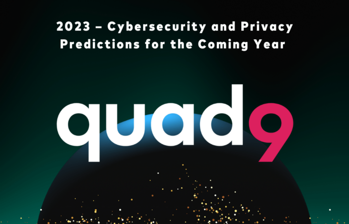 green to black ground with a globe rising covered in glitter, quad9 logo and at the top states 2023- cybersecurity and privacy predictions for the coming year