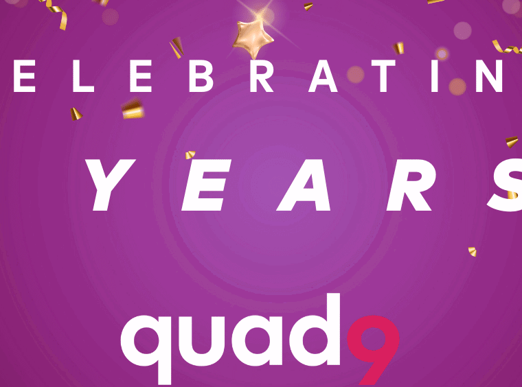 purple background with gold confetti celebrating 5 years of quad9