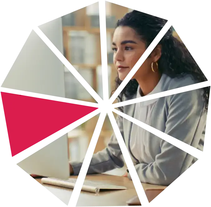 Quad9: image of a woman looking at her computer with 9 triangle cut out with white borders and once piece is shaded pink.