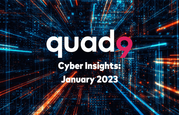 cyber tech background illustrating Quad9 logo along front and saying cyber insights: January 2023 below it
