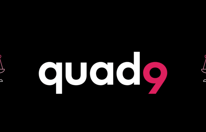 enlarged quad9 logo with two justice symbols alongside