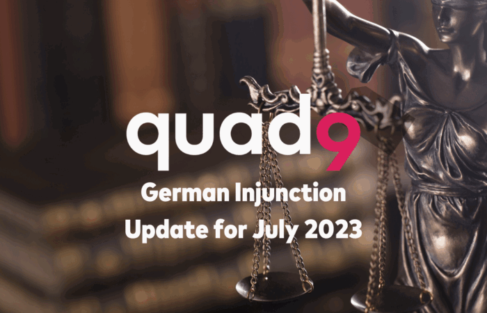 background of a blurred library along the right a statue of lady justice illustrating quad9 logo and german injunction update for July 2023