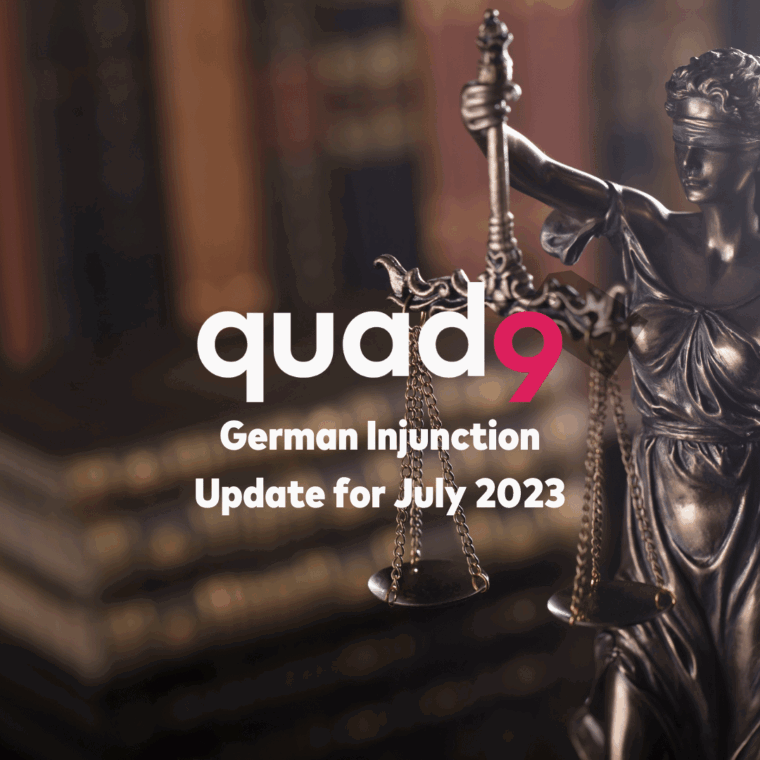 background of a blurred library along the right a statue of lady justice illustrating quad9 logo and german injunction update for July 2023