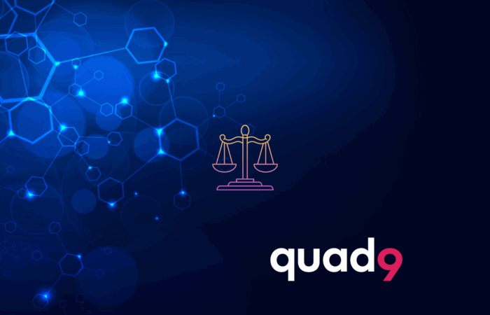 black to tech background with justice icon and quad9 logo in bottom right