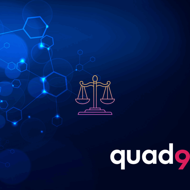 black to tech background with justice icon and quad9 logo in bottom right