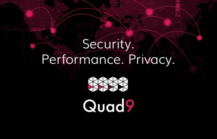 top image of world map with quad9 logo and icon labeled security, performance, and privacy a long the middle