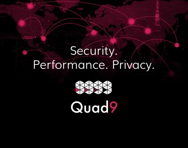 top image of world map with quad9 logo and icon labeled security, performance, and privacy a long the middle