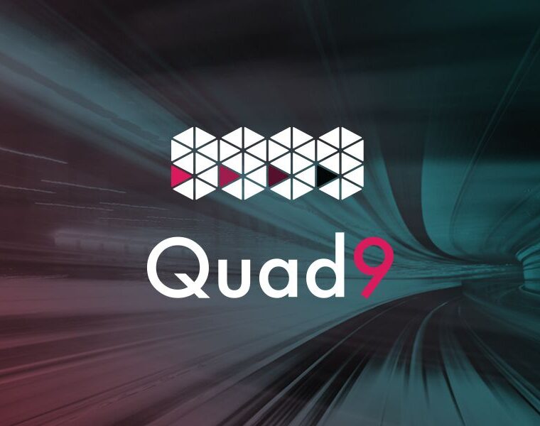 expanding red and blue background with quad9 logo and icon