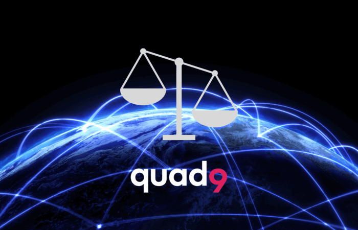 quad9 logo and justice symbol in front, black background with globe rising and blue streaks pinpointing certain locations