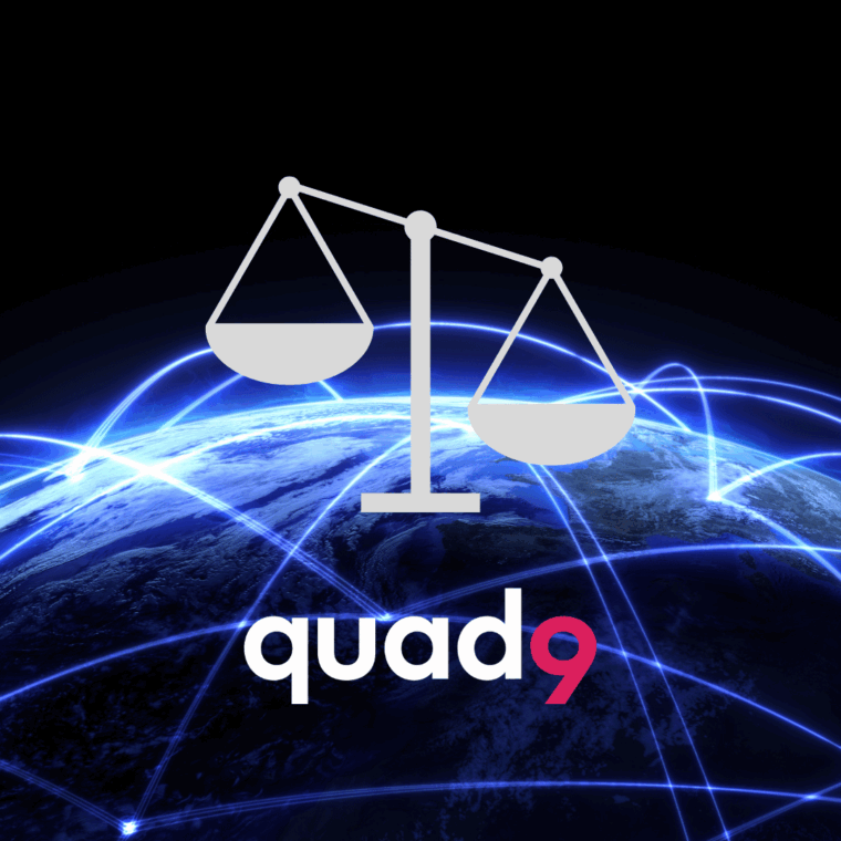quad9 logo and justice symbol in front, black background with globe rising and blue streaks pinpointing certain locations