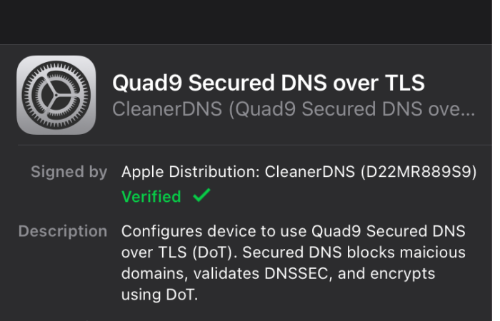 screenshot of Quad9 profile installed secured DNS over TLS in settings