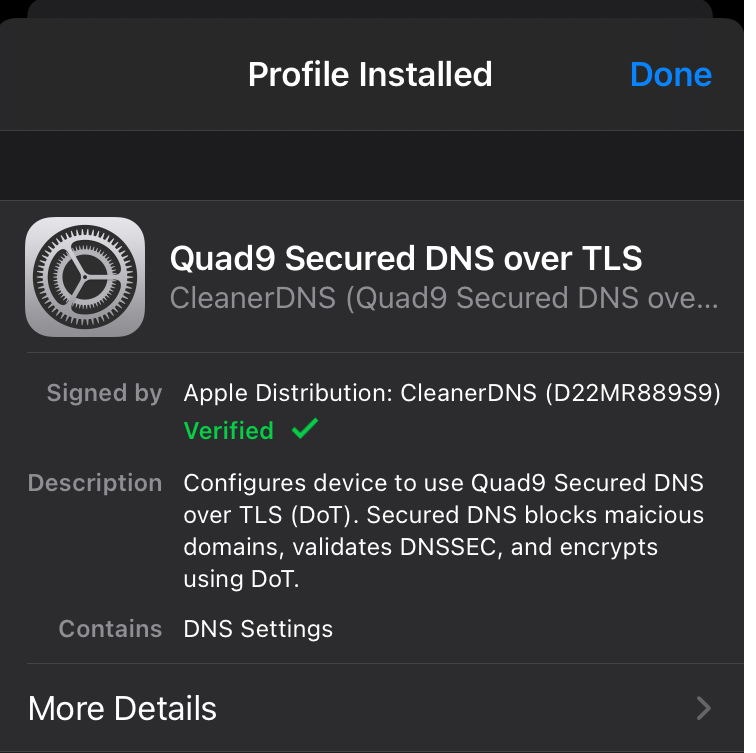 screenshot of Quad9 profile installed secured DNS over TLS in settings