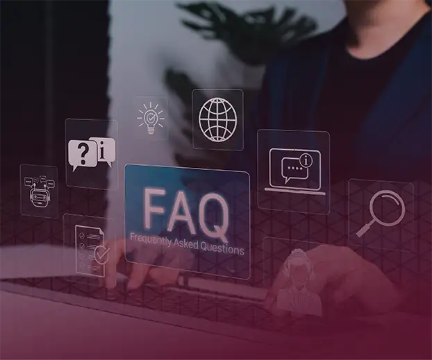 Image of a person typing on a keyboard with an overlay of icons and FAQ text.