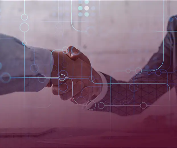 Two men shaking hands with a techy overlay on the image.